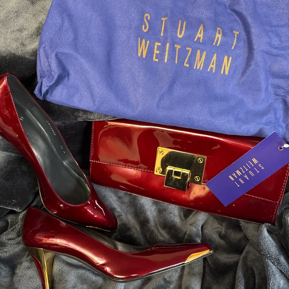 Stuart Weitzman Glossy Red Heels and Clutch